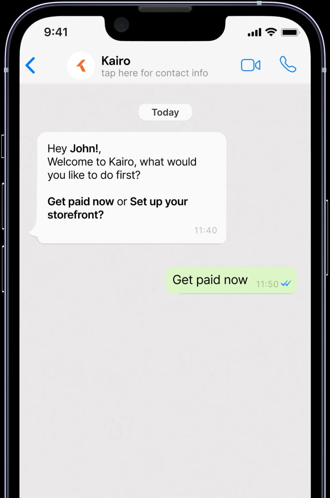 Kairo Business WhatsApp chat showing payment and invoice conversation