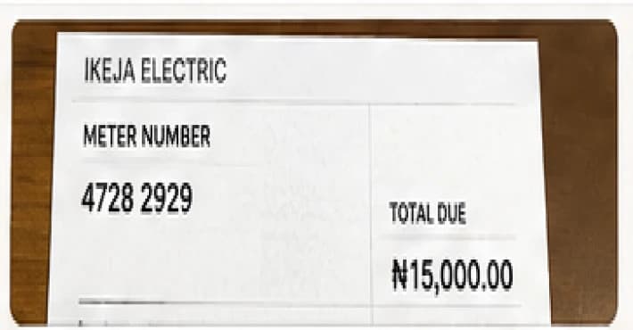 Ikeja Electric bill showing meter number 4728 2929 and total due of ₦15,000.00