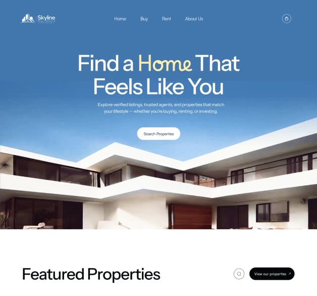 Skyline Real Estate storefront with hero listing and featured properties
