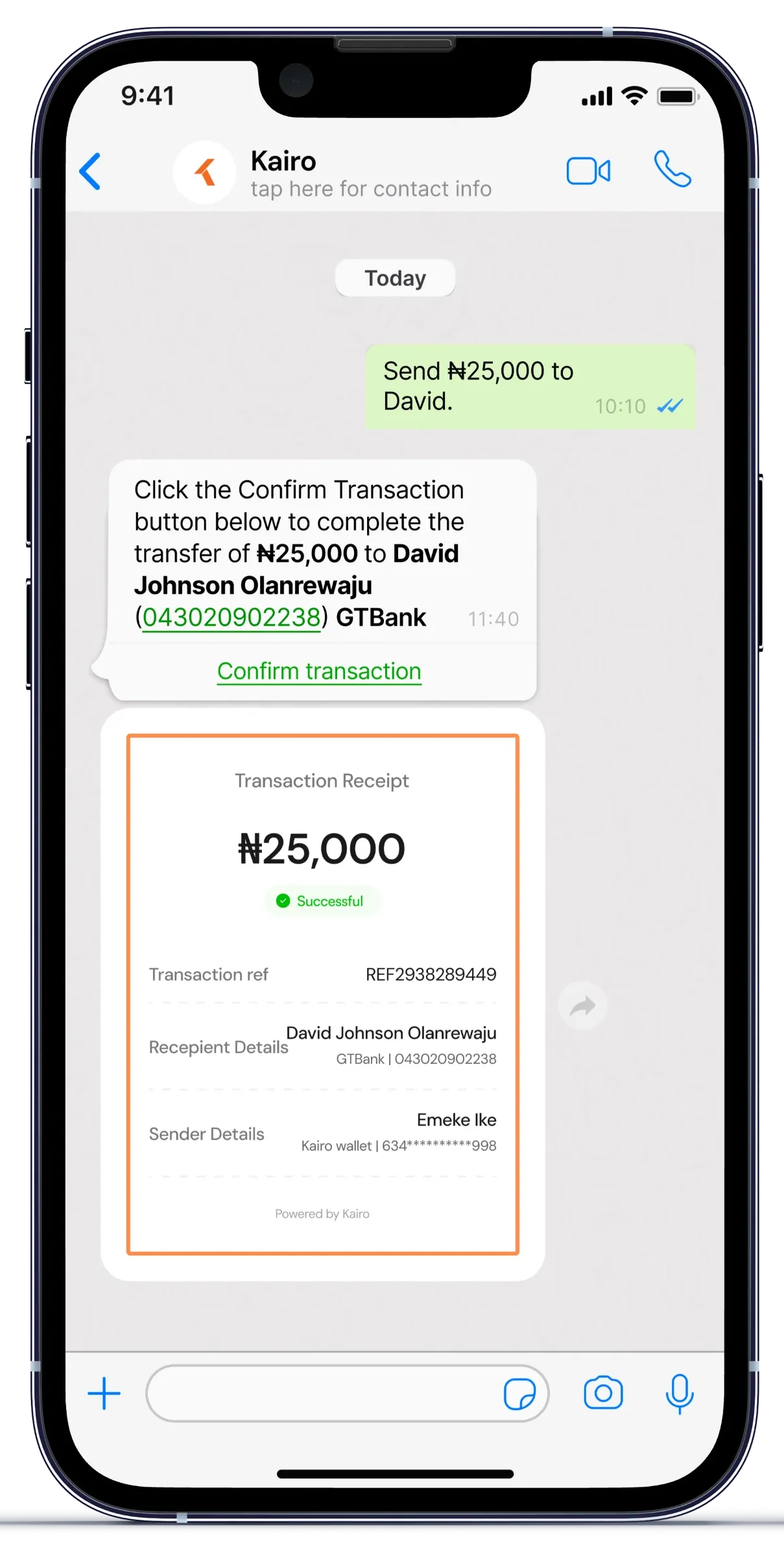 Kairo chat confirming a transfer and showing a successful transaction receipt